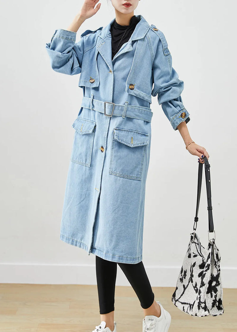 Italian Light Blue Notched Tie Waist Denim Trench Coat Spring
