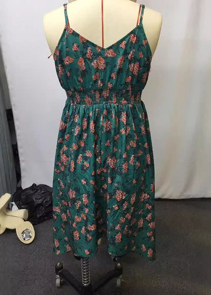 Green Print Low High Design Spaghetti Strap Mid Dress Summer