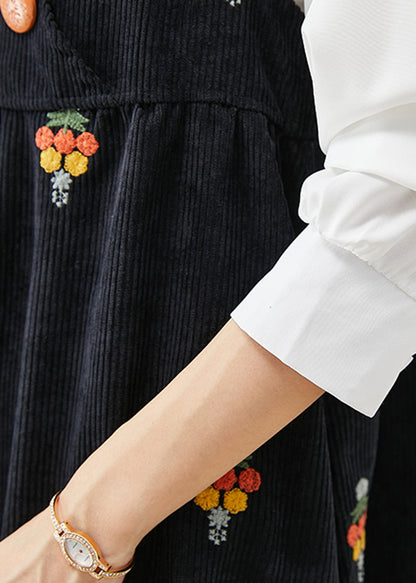 Black Embroideried Corduroy Two Pieces Set Fall