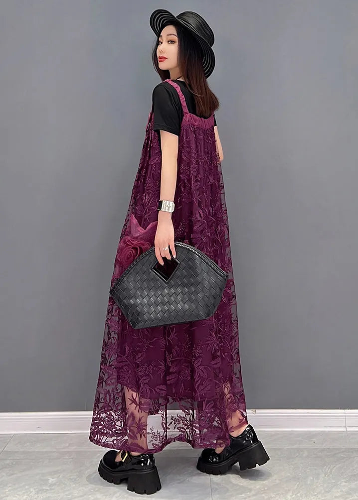 Boutique Purple Big Pockets Patchwork Lace Strap Long Dress Summer
