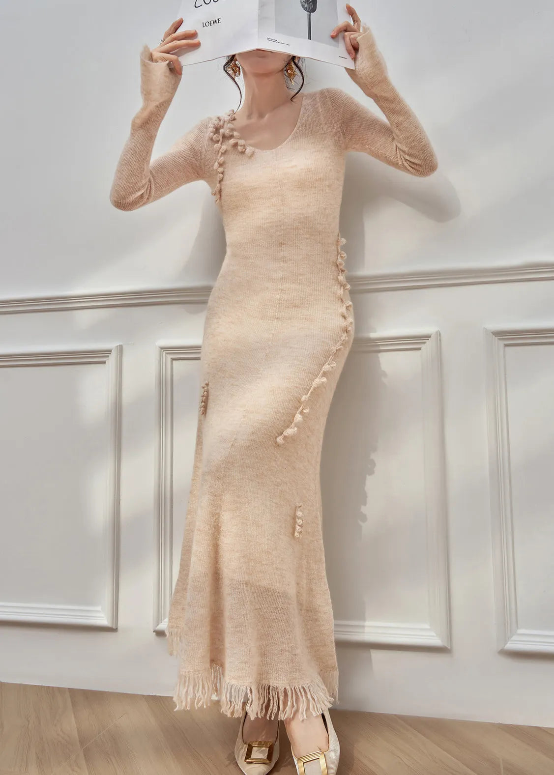 Apricot Asymmetrical High Waist Knit Long Dresses V Neck Winter