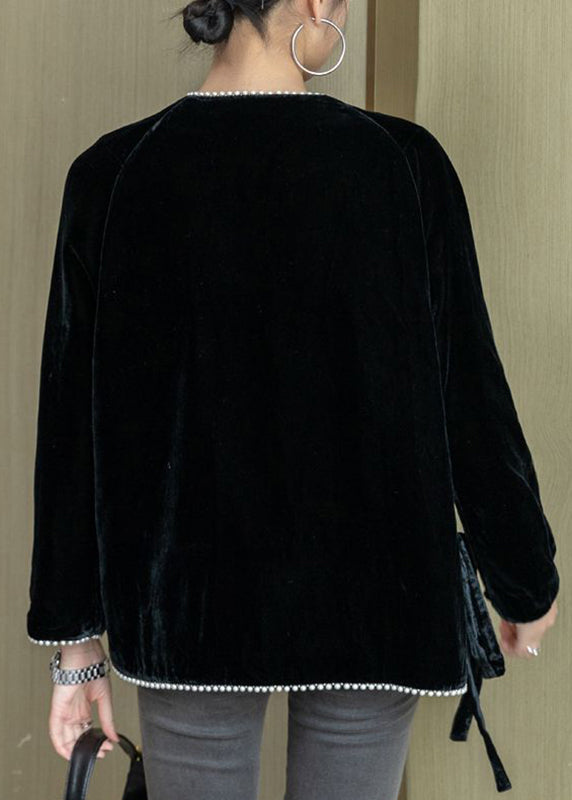 Black Nail Bead Tie Waist Silk Velour Top Fall