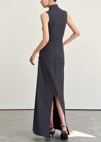 Italian Dark Gray V Neck Wrinkled Tank and Skirts Cotton Two Pieces Set Sleeveless