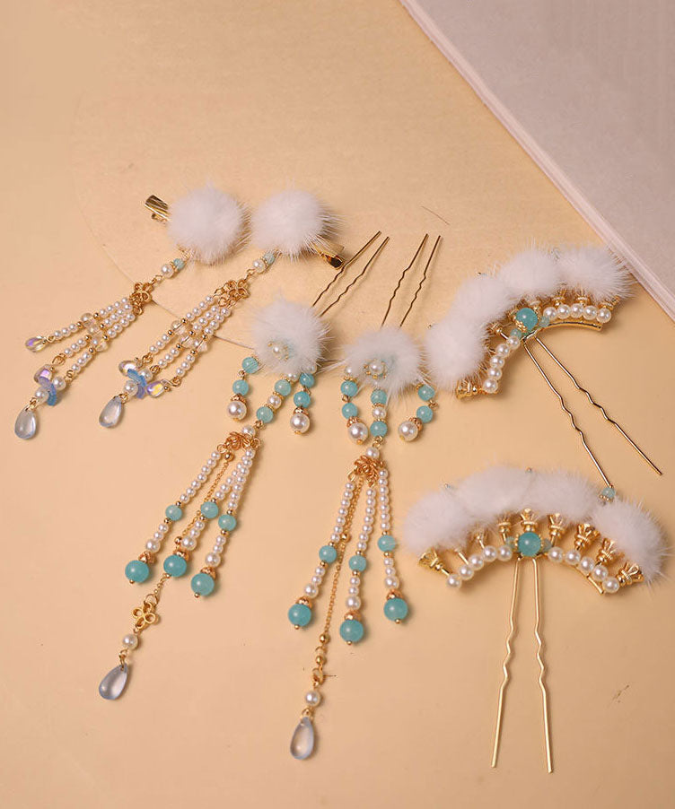Chinese Style Blue Alloy Pearl Colored Glaze Mink Hair Hairpin Three-piece Set