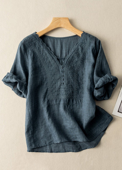 Simple Blue V Neck Linen Shirts Half Sleeve