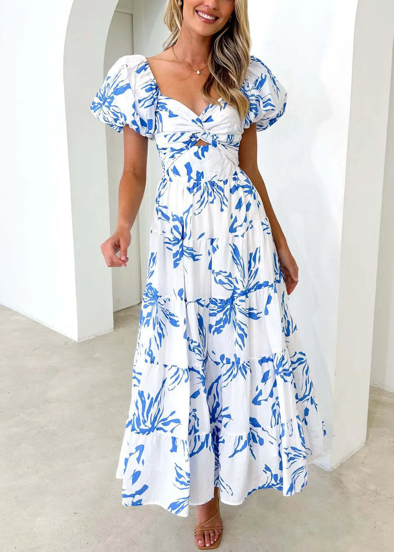 Blue V Neck Print Cotton Dress Puff Sleeve