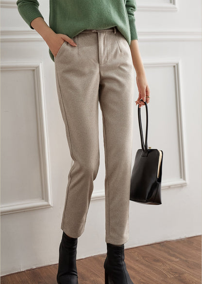 Beige Button Pockets Zippered Woolen Straight Pants Fall