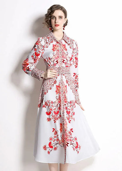 Red Print Peter Pan Collar Chiffon Cinch Dress Fall