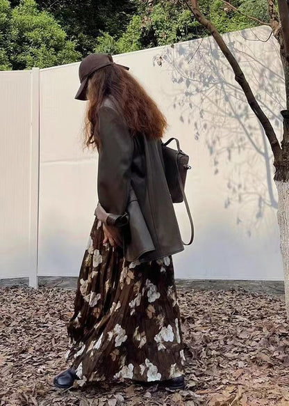 Coffee Wrinkled Print Exra Large Hem Cotton Skirts Spring