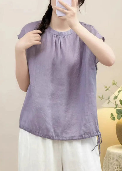 Purple Lace Up Linen Summer Shirts O Neck
