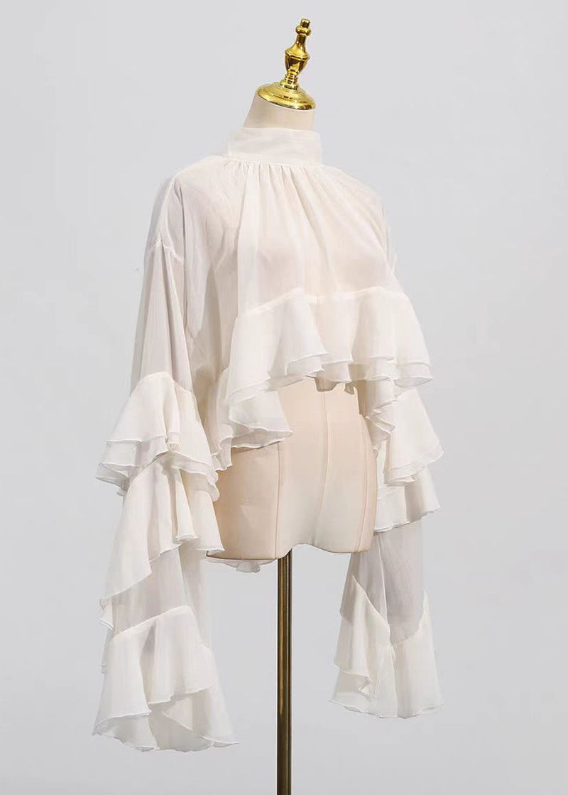 Beige Hign Neck Ruffled Patchwork Tulle Top Flare Sleeve