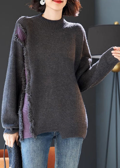 Grey Fluffy Patchwork Thick Knit Sweater Tops Winter