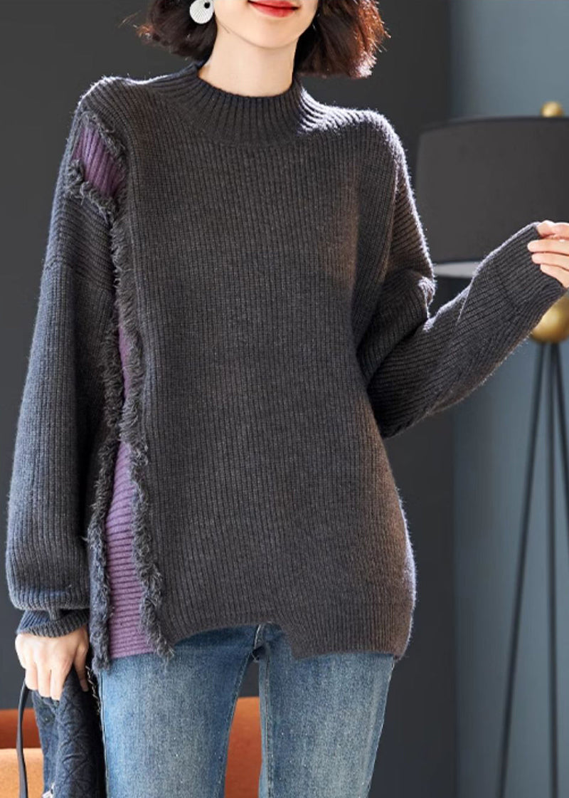 Grey Fluffy Patchwork Thick Knit Sweater Tops Winter