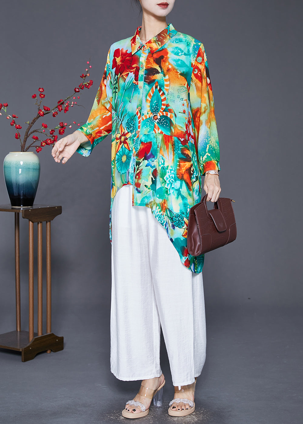 Green Asymmetrical Print Cotton Shirt Top Fall