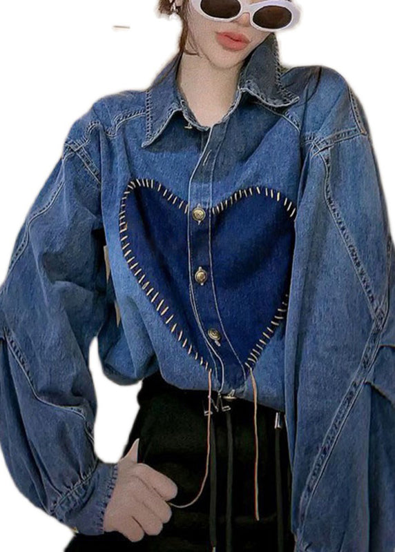French Blue Peter Pan Collar Button Patchwork Denim Shirts Top Spring