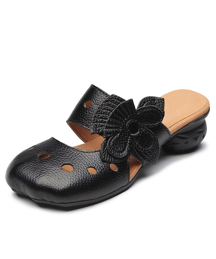 Splicing Hollow Out Chunky Black Cowhide Leather Slide Sandals