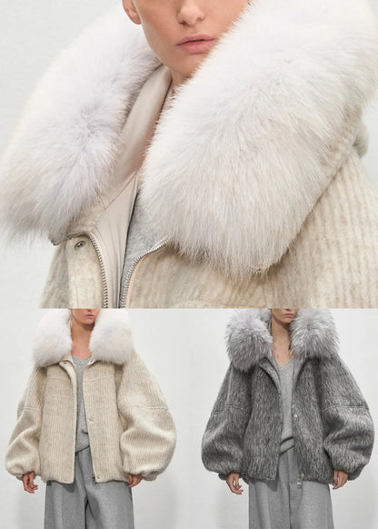 Beige Striped Pockets Oversized Duck Down Down Coat Fur Collar