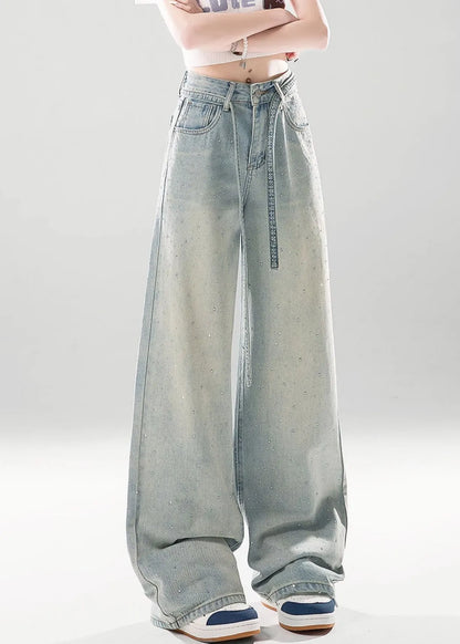 Light Blue Gradient Color Pockets High Waist Denim Pants Zircon