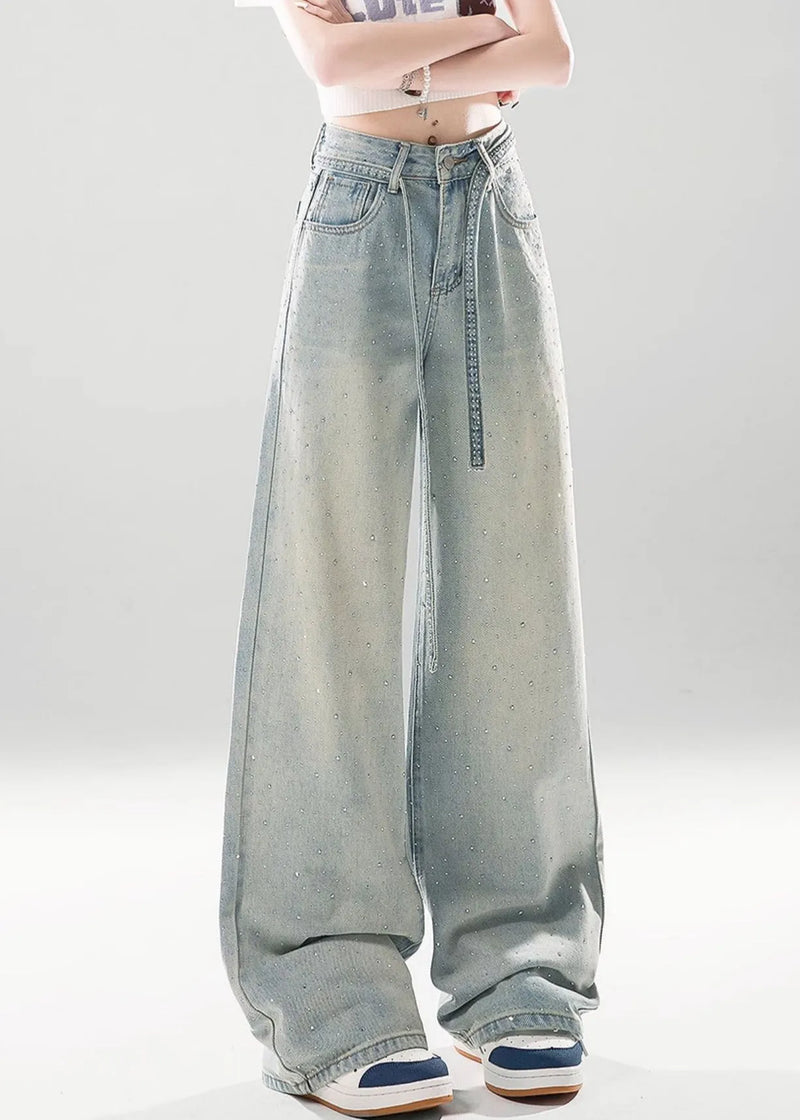 Light Blue Gradient Color Pockets High Waist Denim Pants Zircon