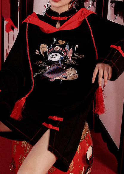 Black Print Drawstring Button Hooded Mid Dresses Long Sleeve