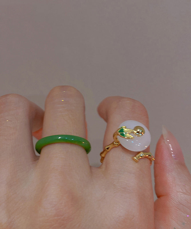Green and White Jade Bamboo Joint Ping Buckle Rings Two Piece Set