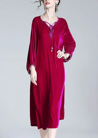 Handmade Red V Neck Neck Tie Velour Maxi Dress Spring