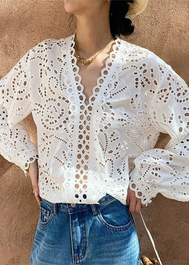 White Oversized Hollow Out Cotton Top Fall