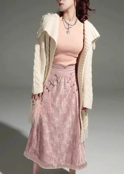 Pink Tulle Patchwork Shirts and Maxi Skirts Two Piece Set Long Sleeve