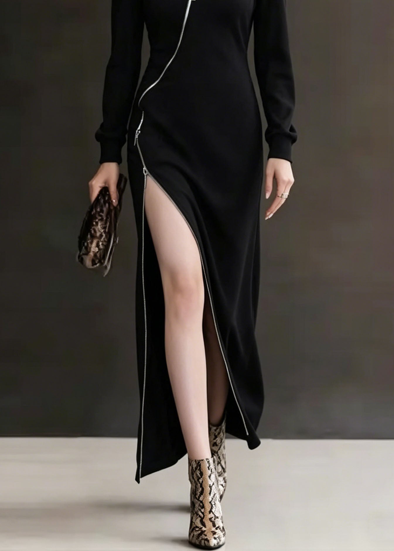 New Black Zip Up Asymmetrical Design Patchwork Cotton Dress Fall