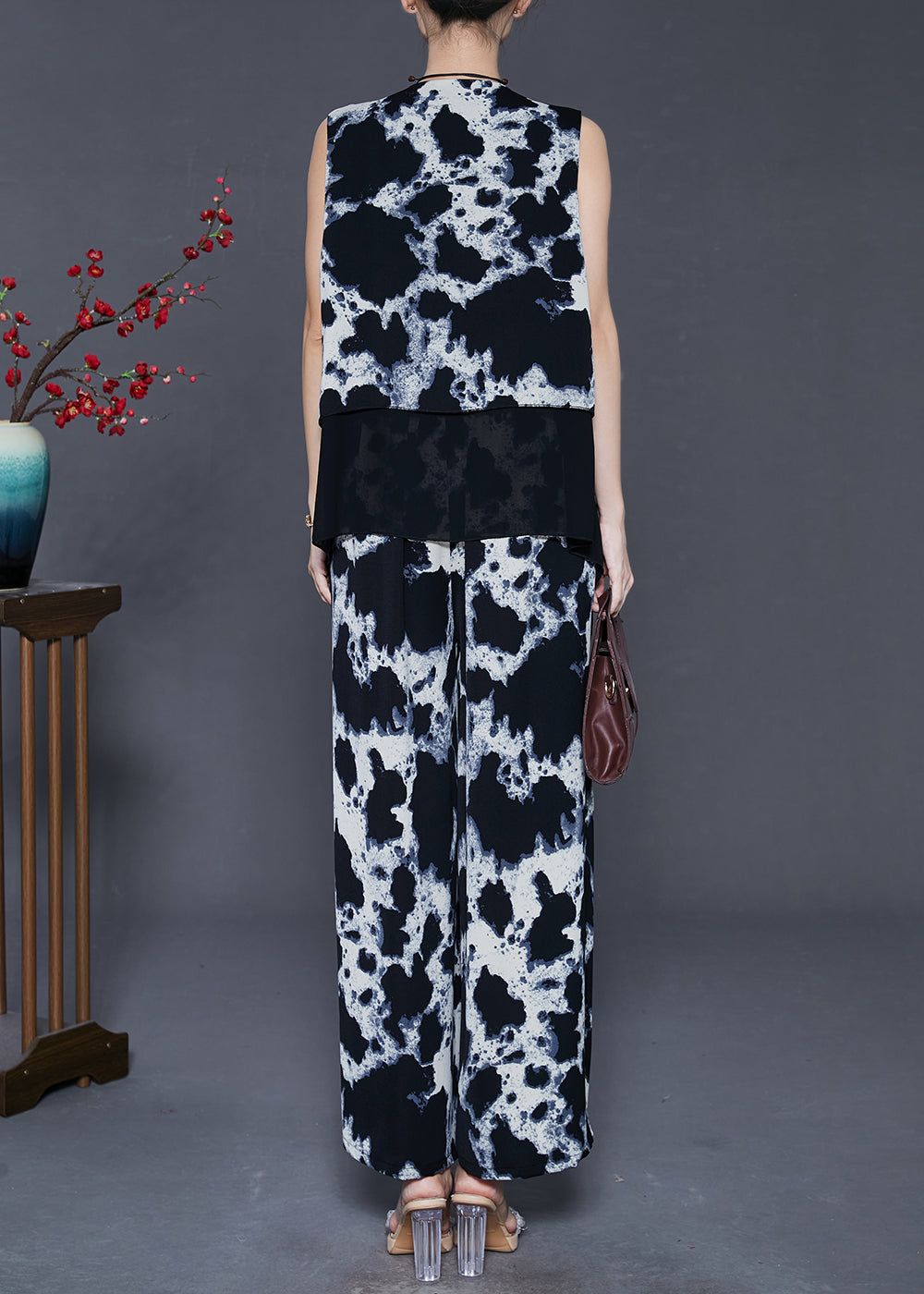 Boutique Black Print Patchwork Chiffon Two Piece Suit Set Summer