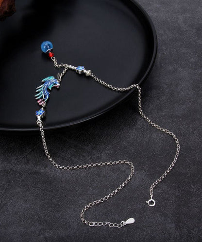 Blue Sterling Silver Cloisonne Phoenix Tassel Pendant Necklace
