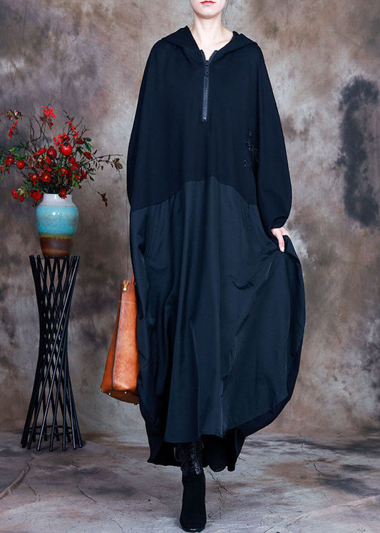 Simple Black Hooded Patchwork Asymmetrical Design Fall Maxi Dresses