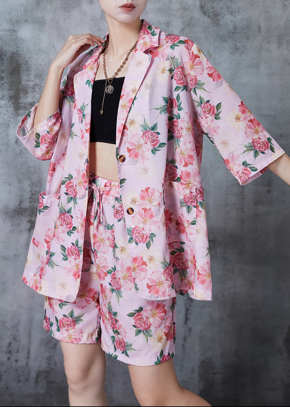 Pink Oversized Print Linen Two Pieces Set Summer