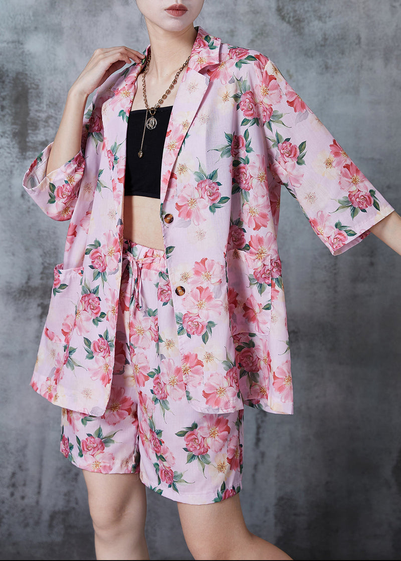 Pink Oversized Print Linen Two Pieces Set Summer