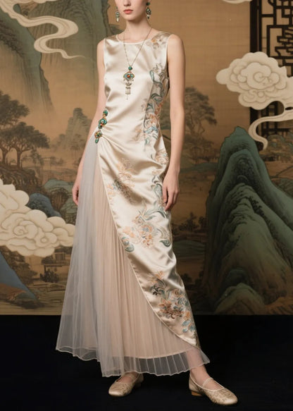 Champagne Jacquard Tulle Patchwork Silk Dresses Sleeveless