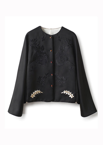 Boutique Black O-neck Embroideried Patchwork Silk Coats Fall