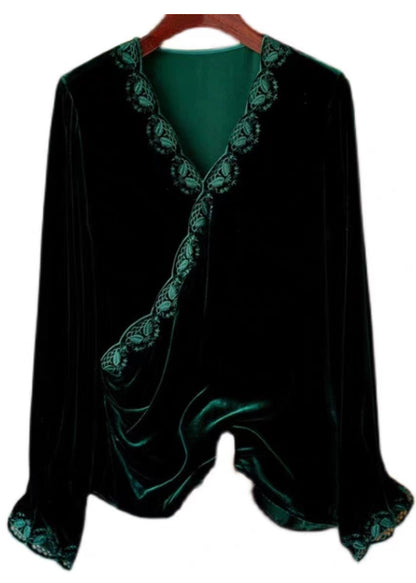 Black V Neck Embroideried Silk Velour Top Long Sleeve