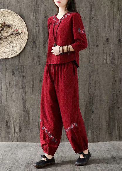 Black Jacquard Cotton Two Piece Set Clothing Embroideried Oriental Button Spring