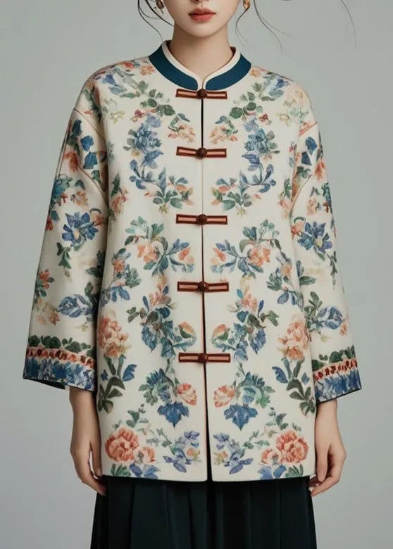 Apricot Stand Collar Print Coats Bracelet Sleeve