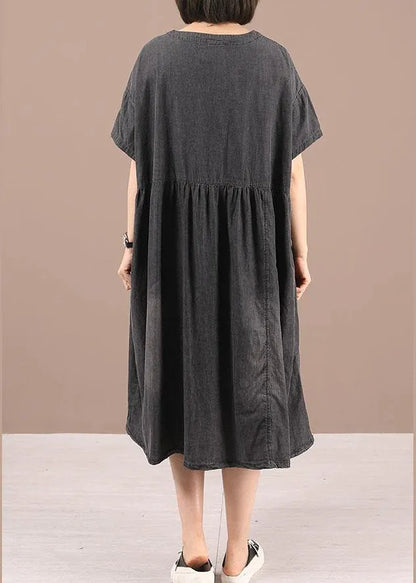 Black Patchwork Cinched Denim Ankle Dress Summer