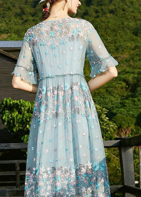Blue O-neck Print Ruffled Silk Vacation Dresses Short Sleeve