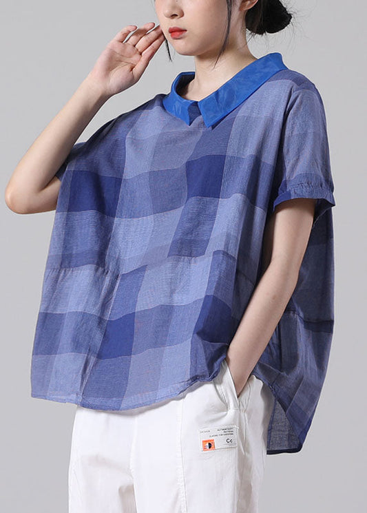 Blue Peter Pan Collar Plaid Patchwork Button Cotton Shirt Top Short Sleeve