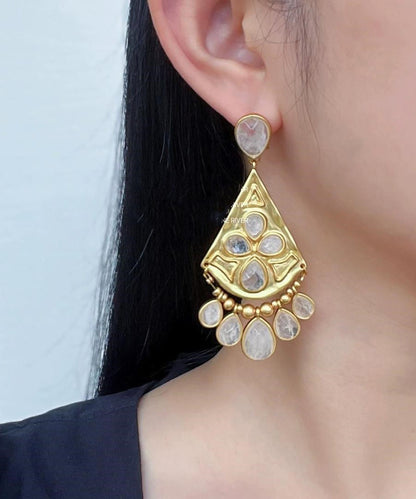 Gold Copper Overgild Crystal Fan-shaped Water Drop Tassel Drop Earrings