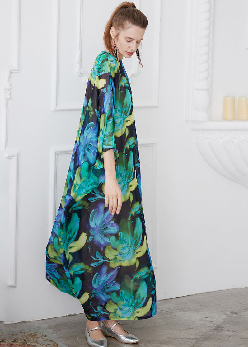 Green O Neck Print Chiffon Robe Dress Summer