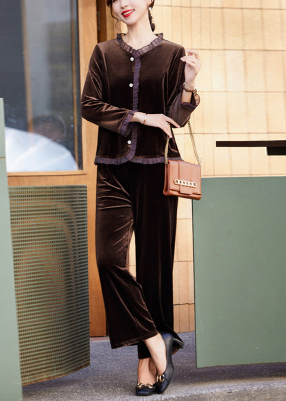 Modern Black Ruffled Patchwork Silk Velour Shirts and Pants Two Piece Set Long Sleeve