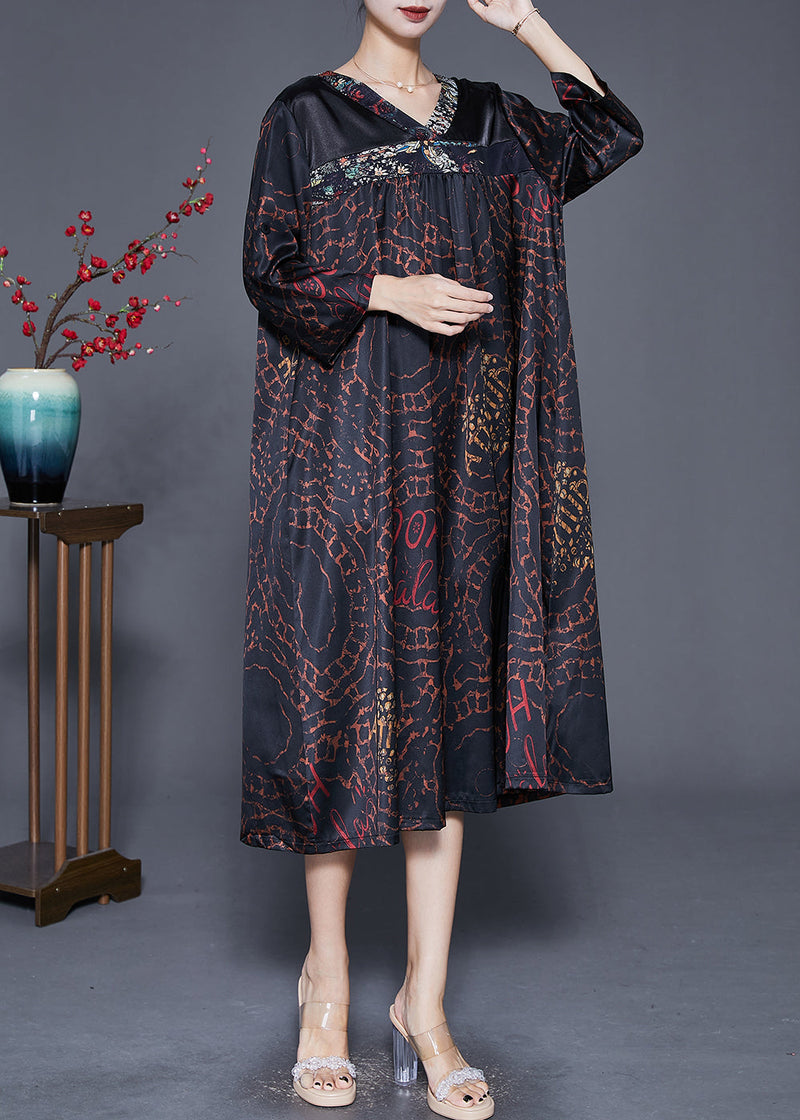 Black V Neck Patchwork Print Silk Dress Fall