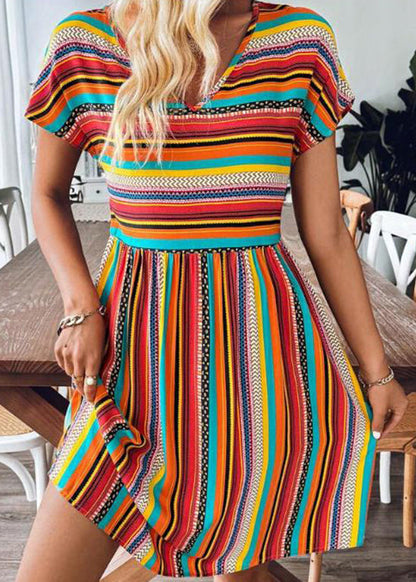 Blue V Neck Striped Cotton Mid Dress Summer