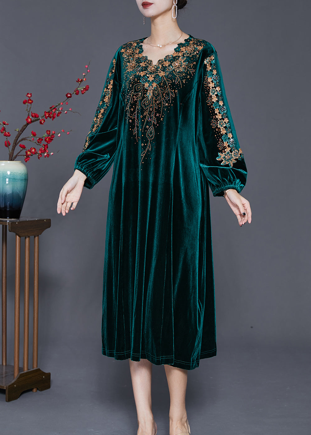 Green Embroideried Hollow Out Silk Velour Dress Fall