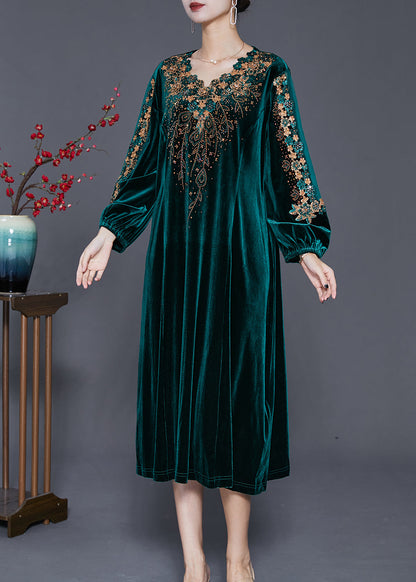 Green Embroideried Hollow Out Silk Velour Dress Fall
