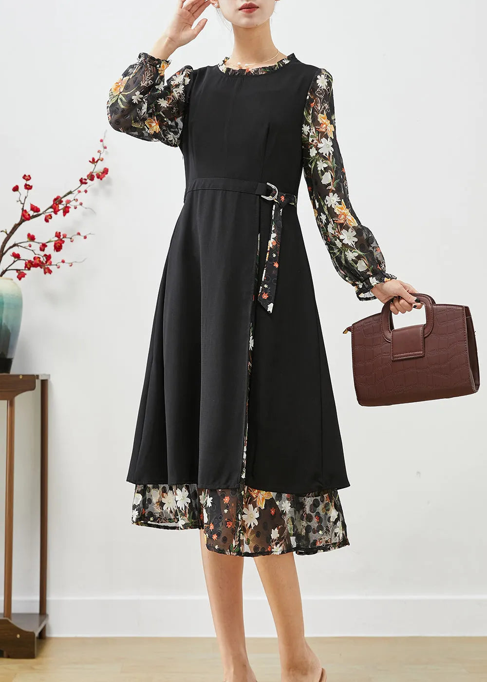 Classy Black Cinched Patchwork Silk Fake Two Piece Dress Spring